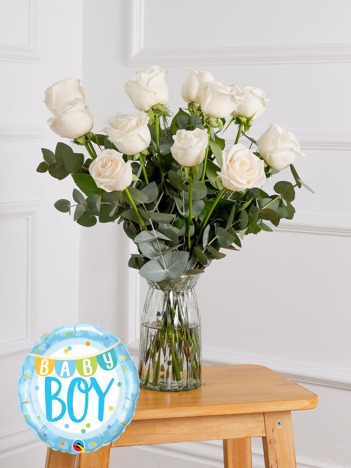 Baby Boy 12 Long Stem White Roses - Vase (Complimentary Baby Boy Balloon)