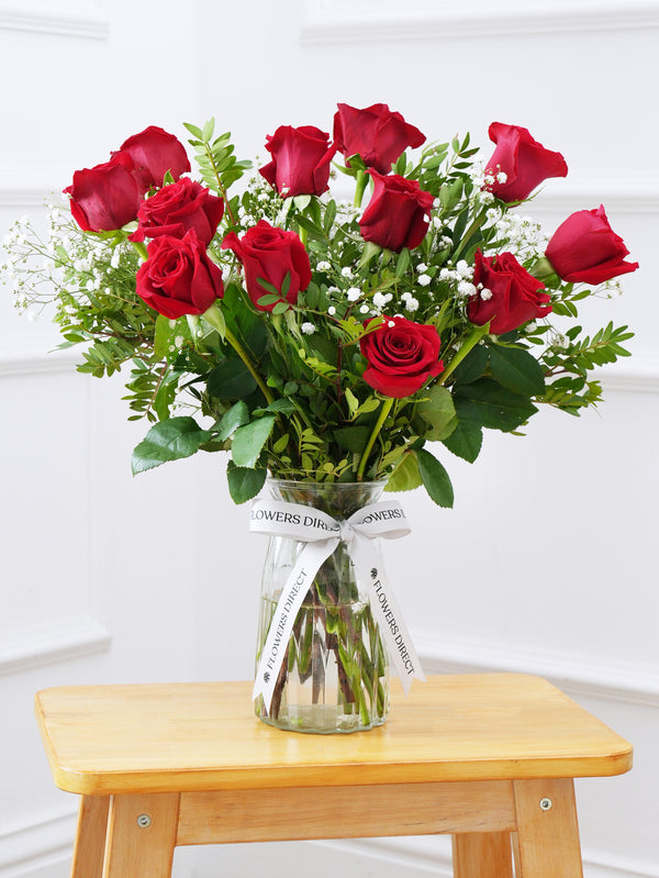 Birthday 12 Long Stem Red Roses - Vase