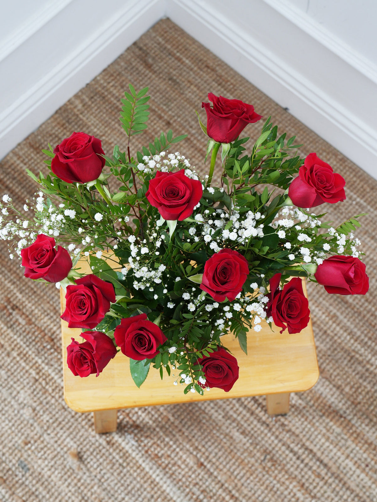 Anniversary 12 Long Stem Red Roses - Vase with Chocolate Set