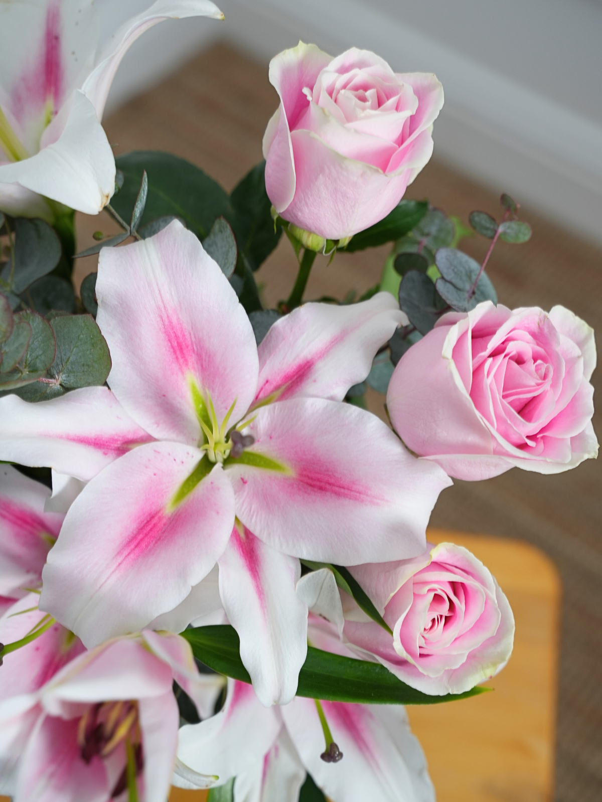 Pink Roses and Pink Lily Vase with Free Balloon