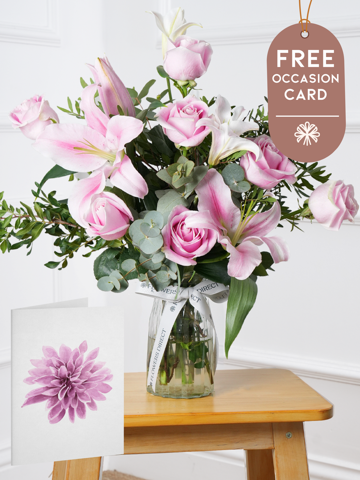 Mother's Day Pink Roses and Pink Lily - Vase with Free Occasion Card