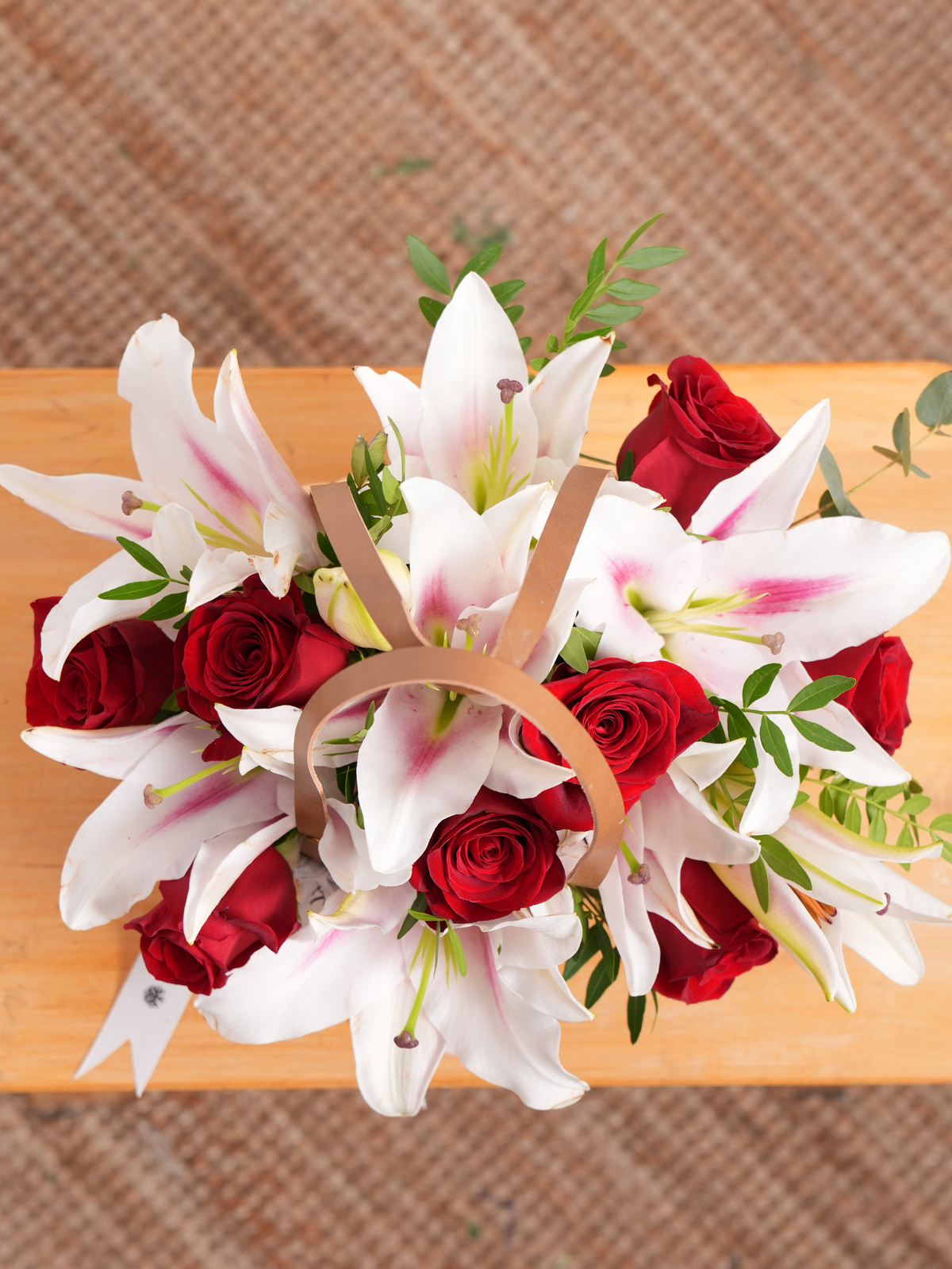 Red Roses and Pink Lily Basket
