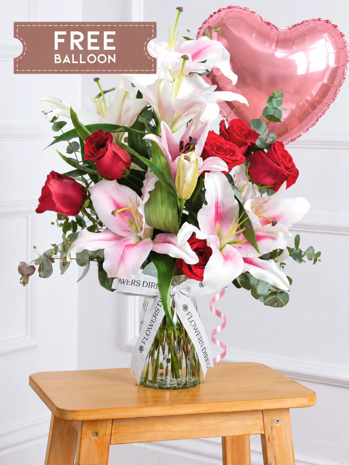 Red Roses and Pink Lily Vase with Free Balloon