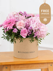 Sweetheart Hatbox Free Upgrade – Express your love and affection with our "Sweetheart" arrangement, featuring delicate pink hydrangeas, vibrant...
