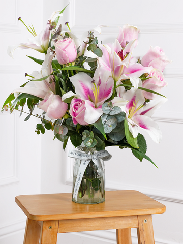 Pink Roses and Pink Lily Vase
