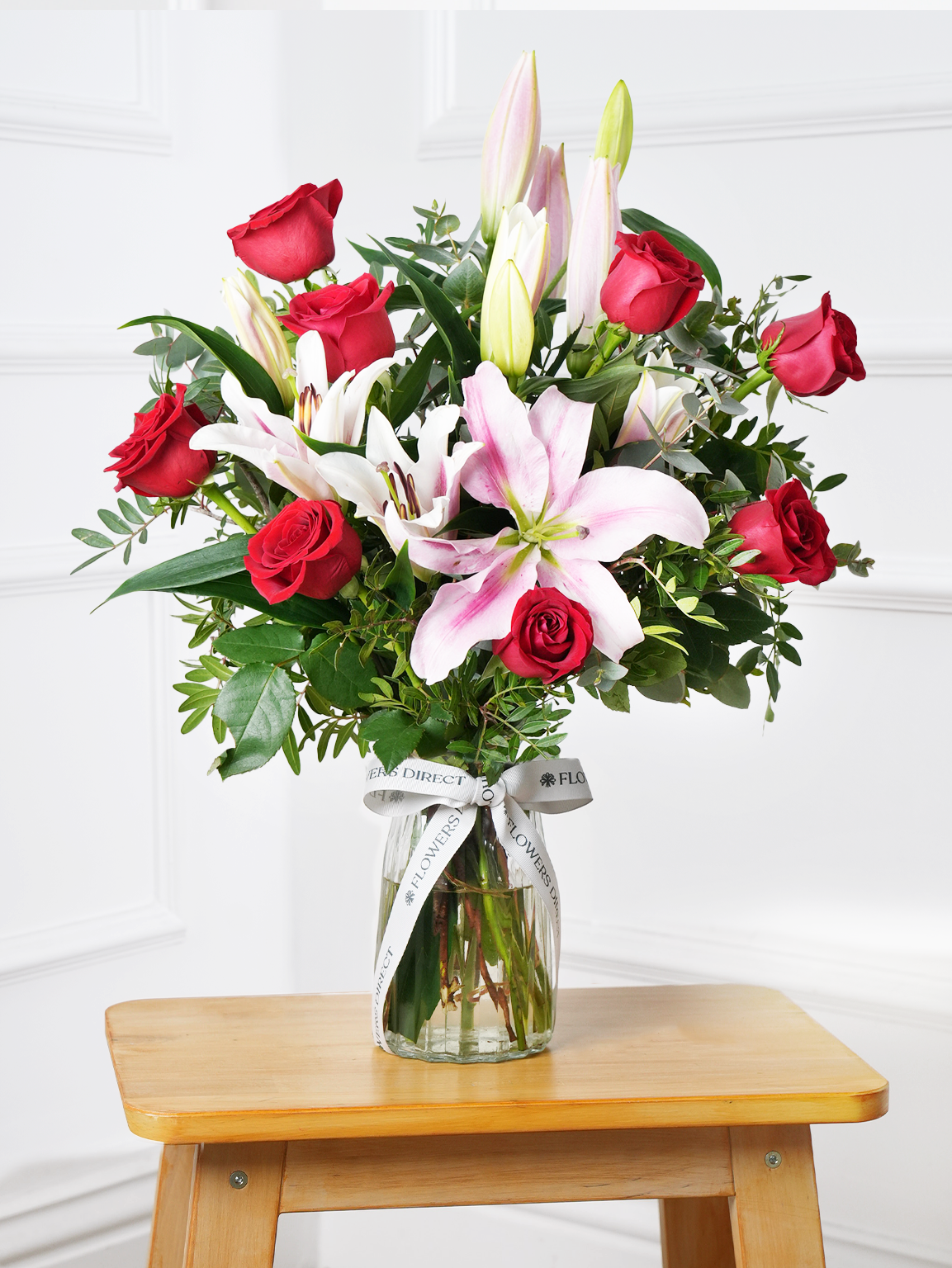 Mother&#39;s Day Red Roses and Pink Lily - Vase