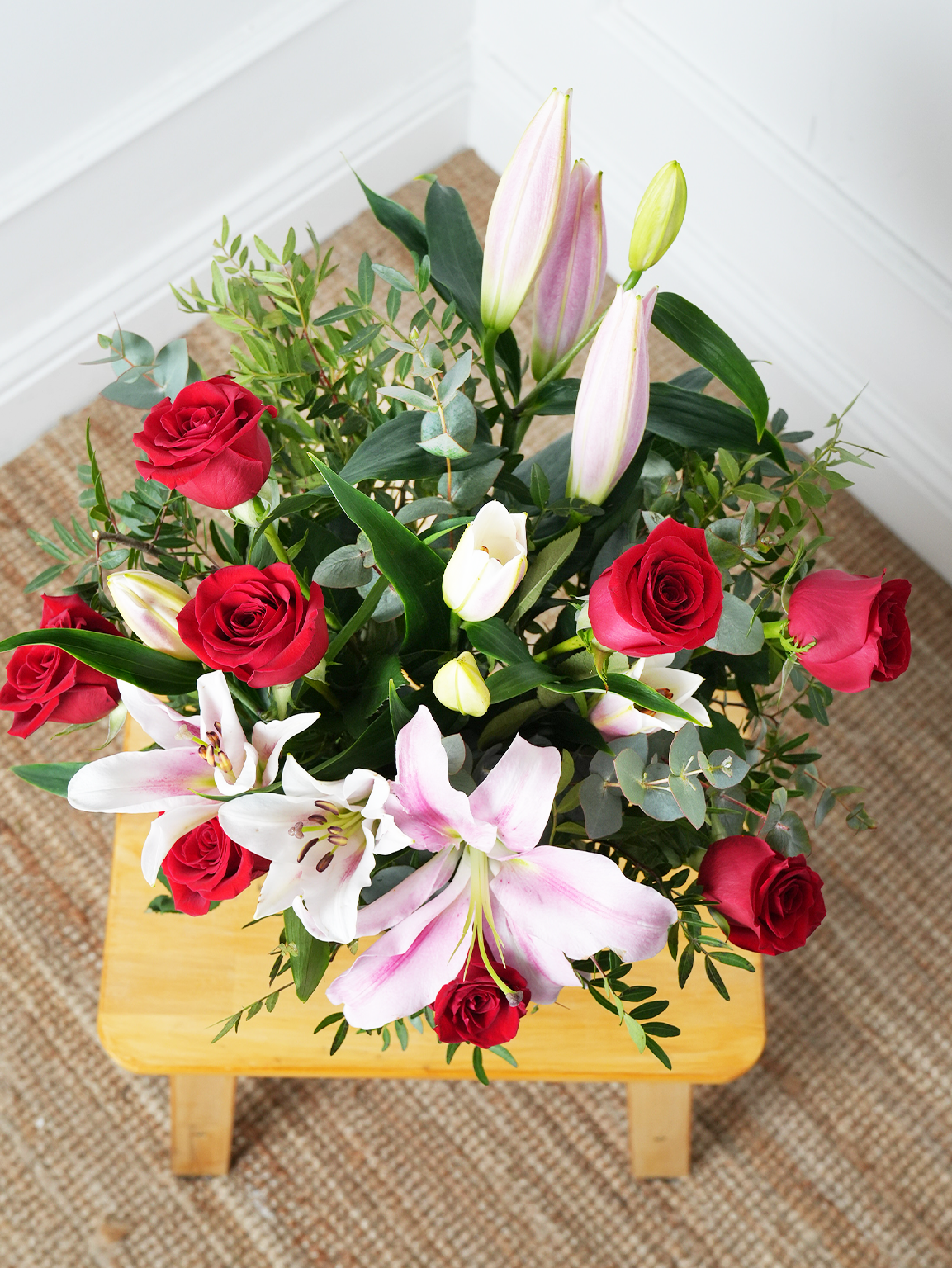 Anniversary Red Roses and Pink Lily - Vase with Anniversary Card