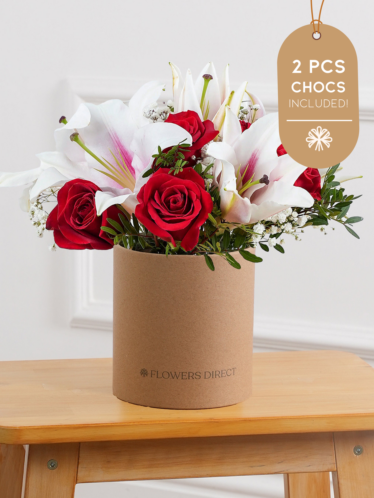 Red roses and Pink lily Hatbox 2 Pcs Chocs included!