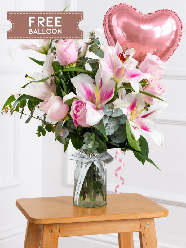 Pink Roses and Pink Lily Vase with Free Balloon