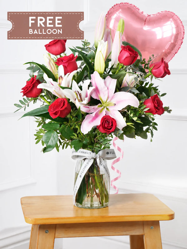 Red Roses and Pink Lily Vase with Free Balloon