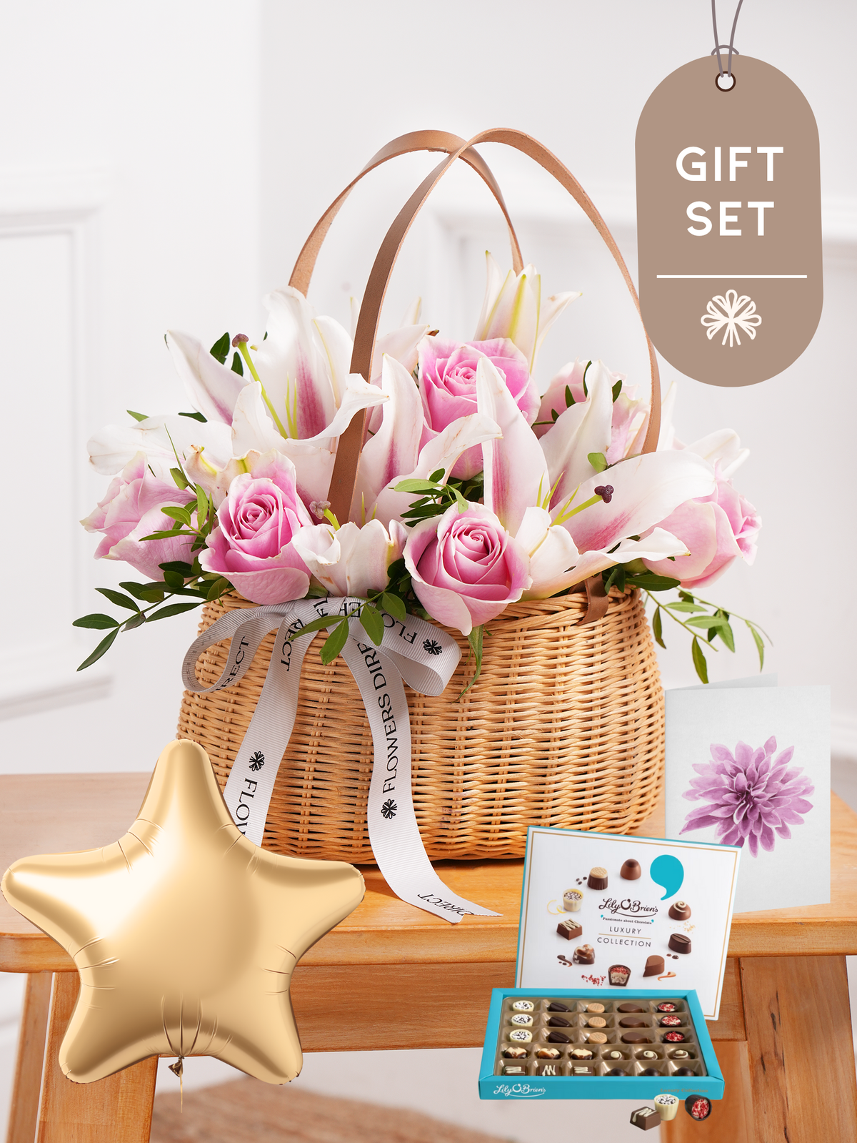 Pink Roses and Pink Lily Basket Gift Set