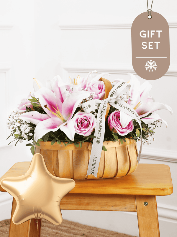 Pink Roses and Pink Lily Basket Gift Set