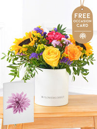 Colour Burst - Hatbox with Free Occasion Card – Brighten up any room with our "Colour Burst" arrangement, featuring stunning sunflowers, cerise carnations,...