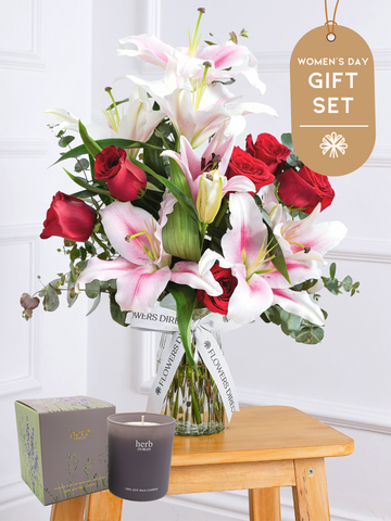 Women's Day Red Roses and Pink Lily - Vase Gift Set