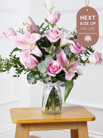 Pink Roses and Pink Lily Vase Next Size Up - On Us!