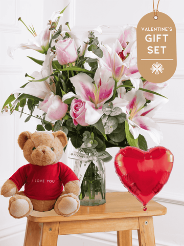 Valentine Pink Roses and Pink Lily - Vase Gift Set