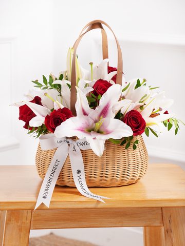 Red Roses and Pink Lily Basket