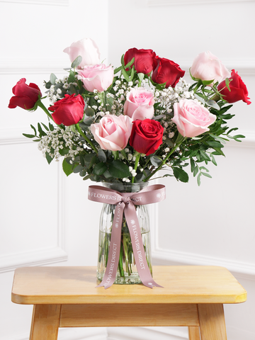 Valentine 12 Long Stem Red & Pink Rose - Vase