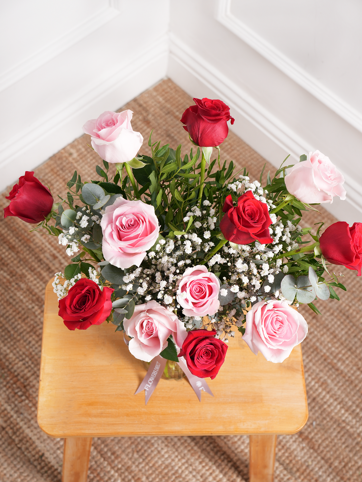 12 Red & Pink Roses with a vase