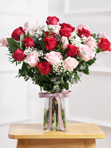 Valentine 24 Long Stem Red & Pink Rose - Vase