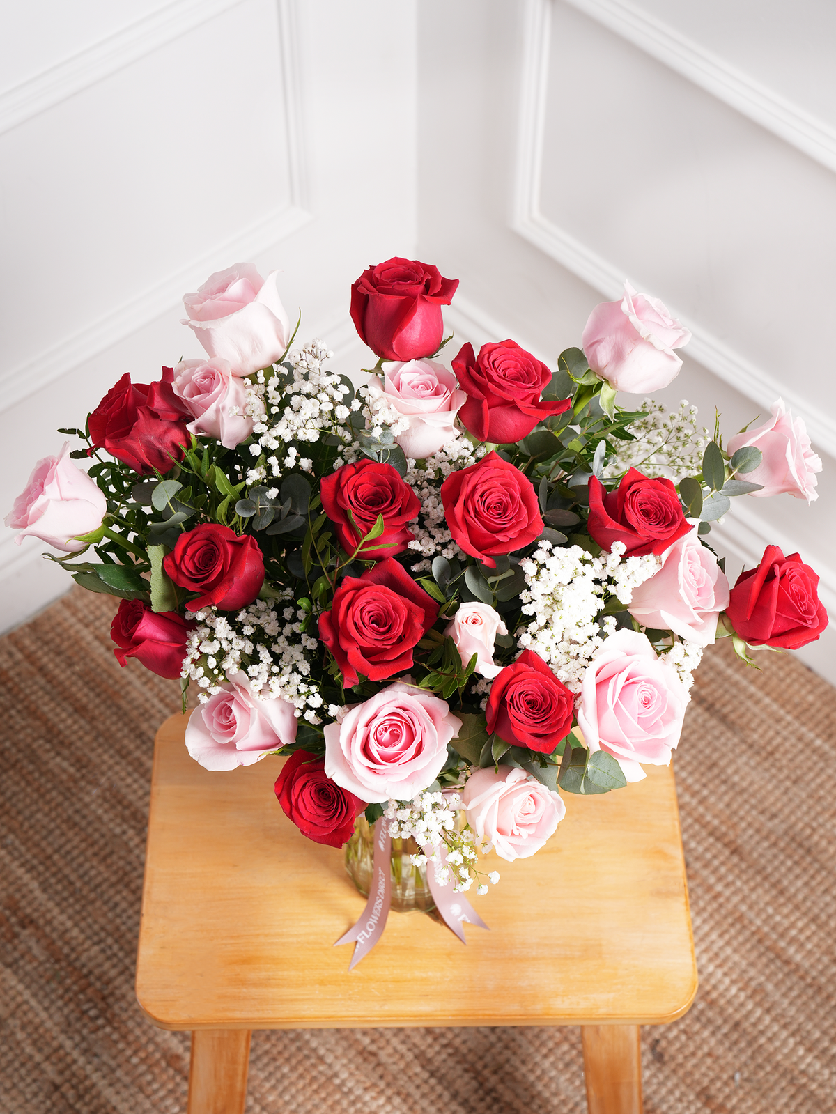 24 Long Stem Red & Pink Rose - Vase