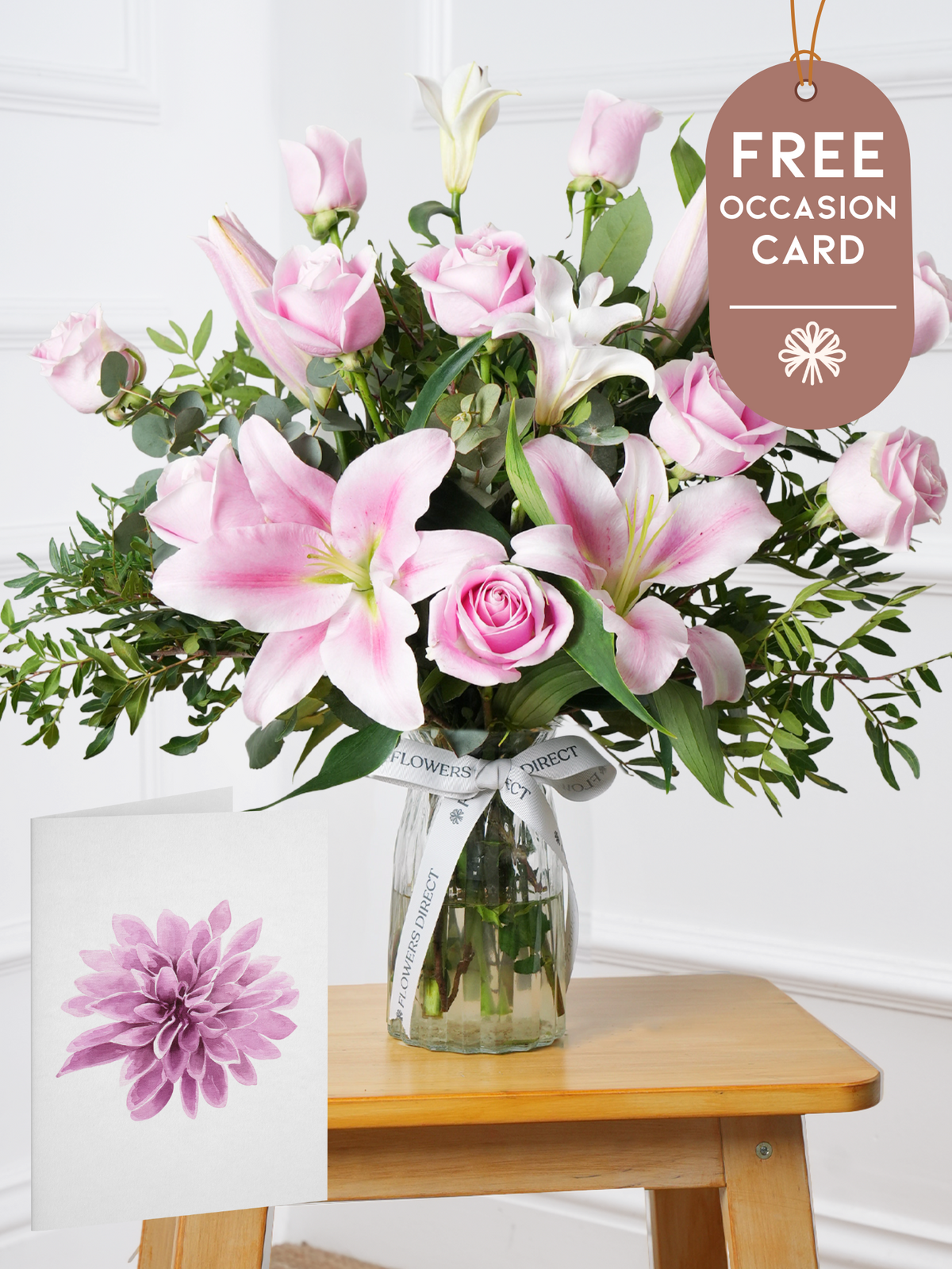Mother's Day Pink Roses and Pink Lily - Vase with Free Occasion Card