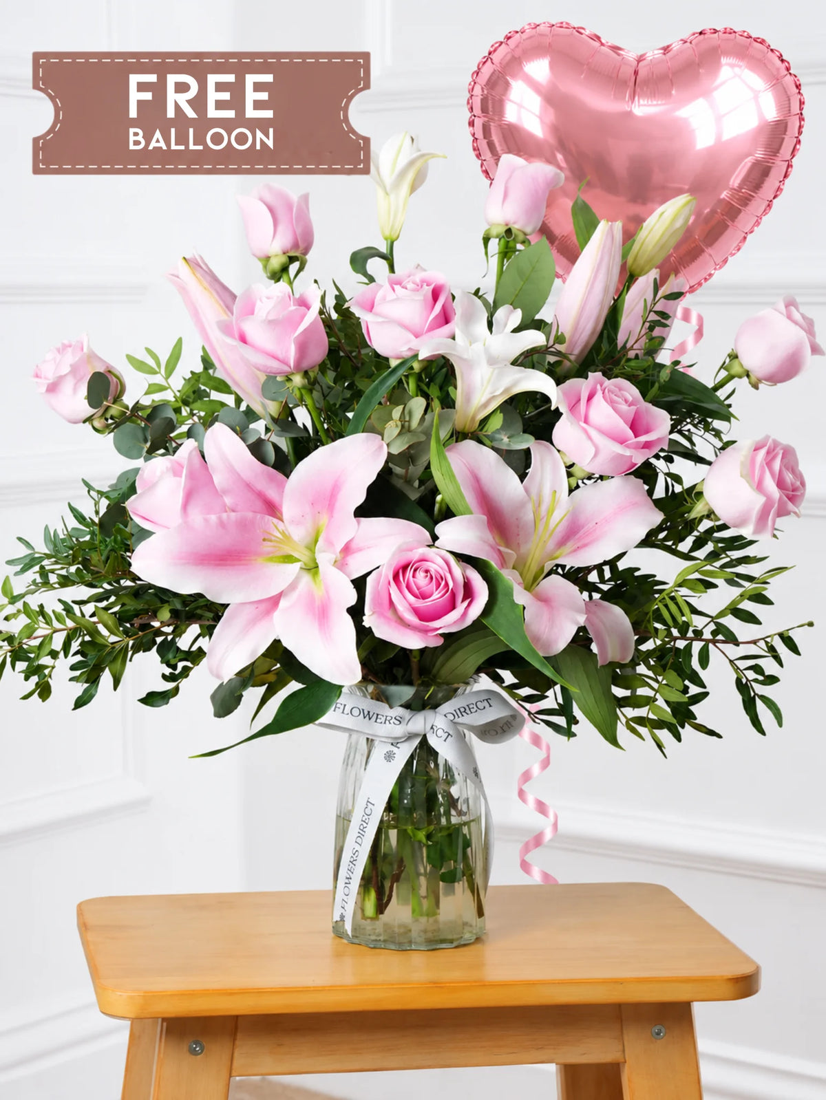 Pink Roses and Pink Lily Vase with Free Balloon