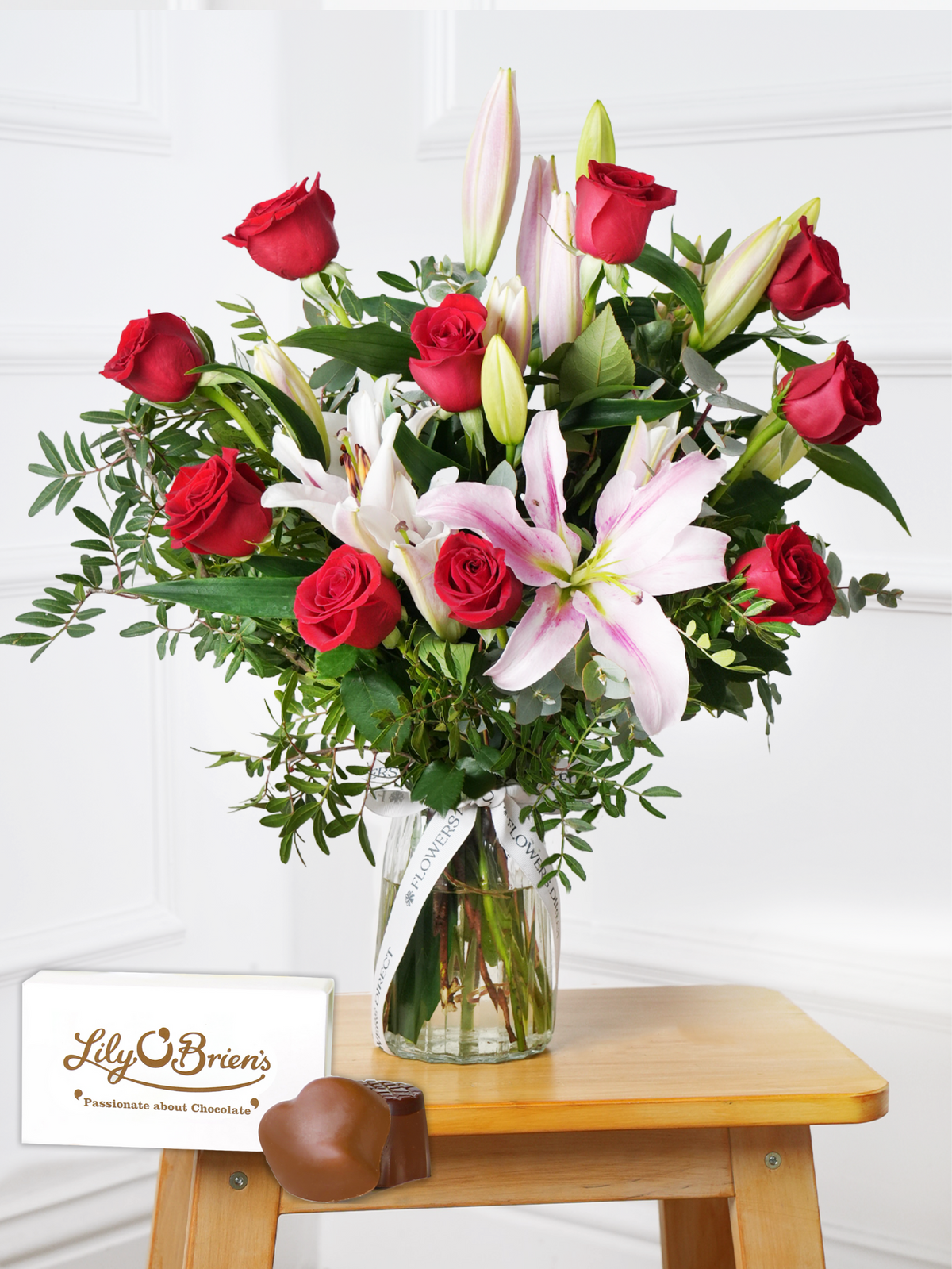 Anniversary Red Roses and Pink Lily - Vase with Chocolate Set
