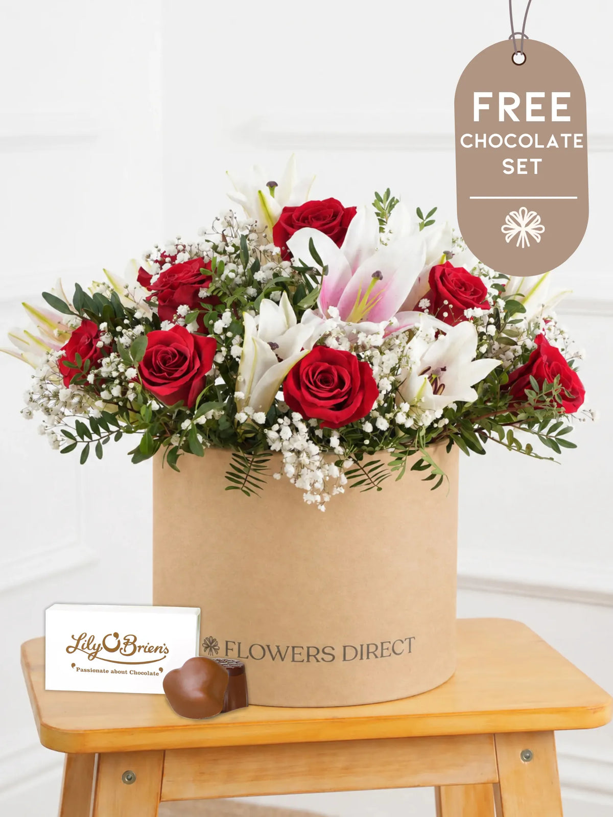 Anniversary Red Roses and Pink Lily - Hatbox with Chocolate Set