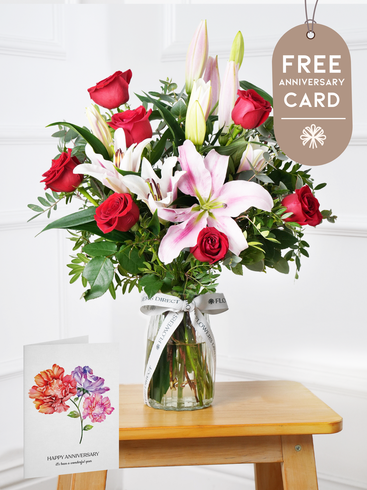 Anniversary Red Roses and Pink Lily - Vase with Anniversary Card