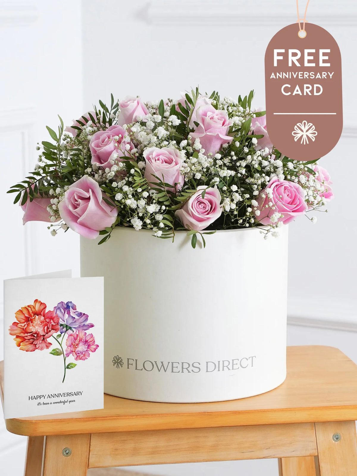 Pink Roses Hatbox with Free Happy Anniversary Card