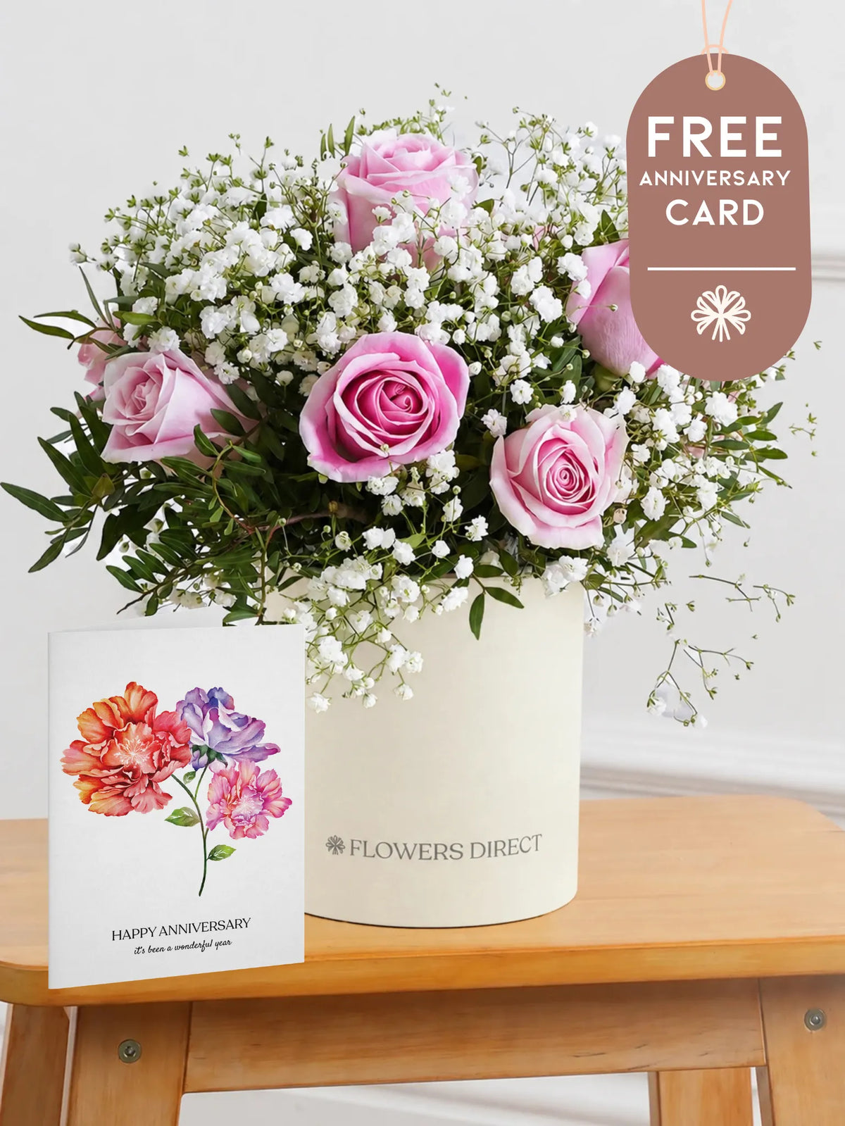 Pink Roses Hatbox with Free Happy Anniversary Card