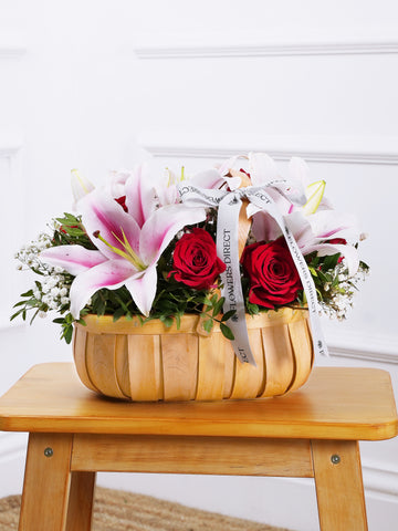 Red Roses and Pink Lily Basket