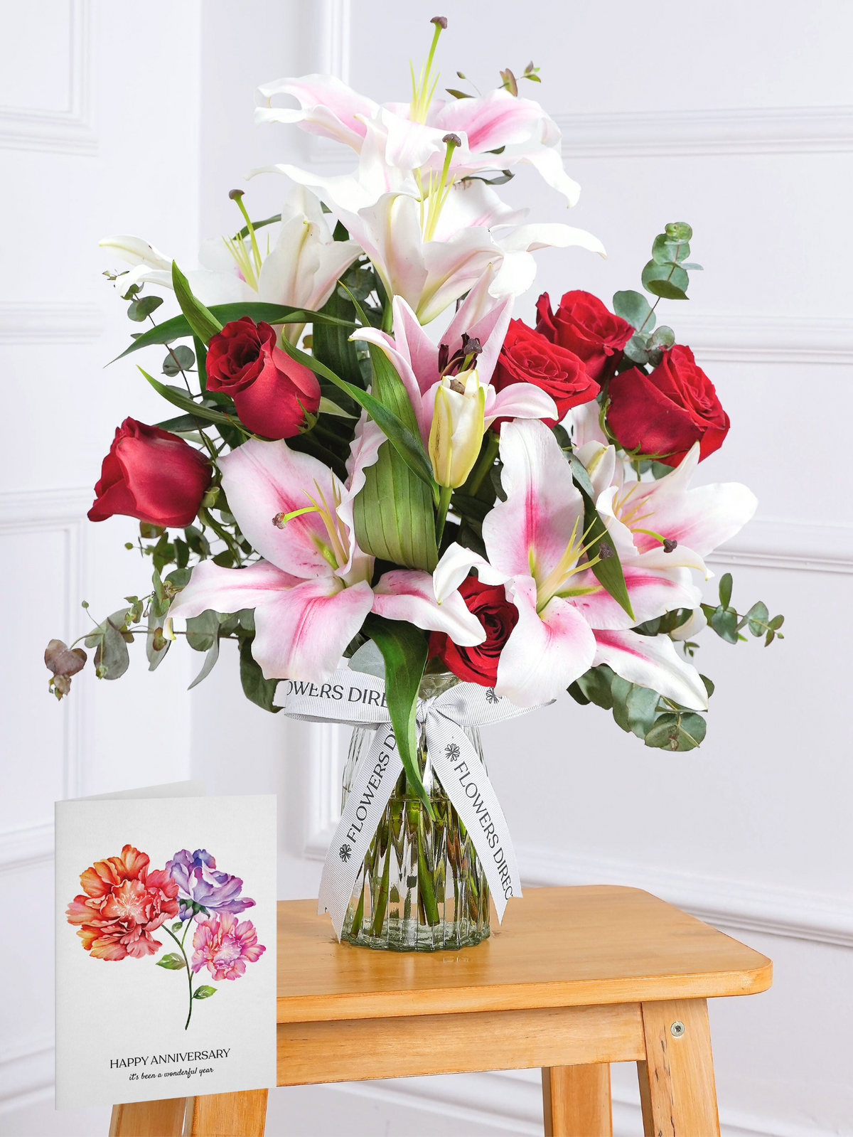 Anniversary Red Roses and Pink Lily - Vase with Anniversary Card