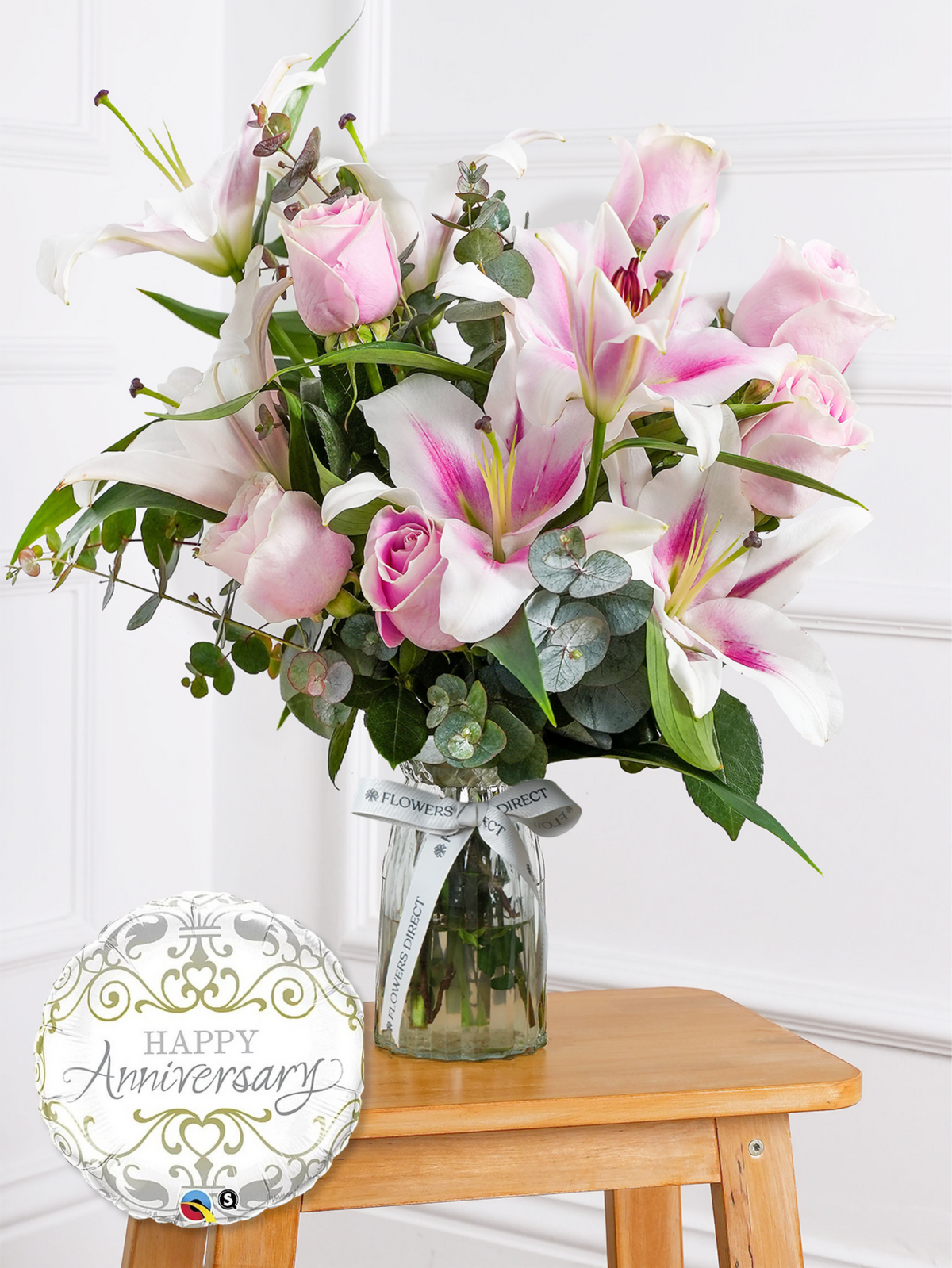 Pink Roses and Pink Lily - Vase with Free Anniversary Balloon