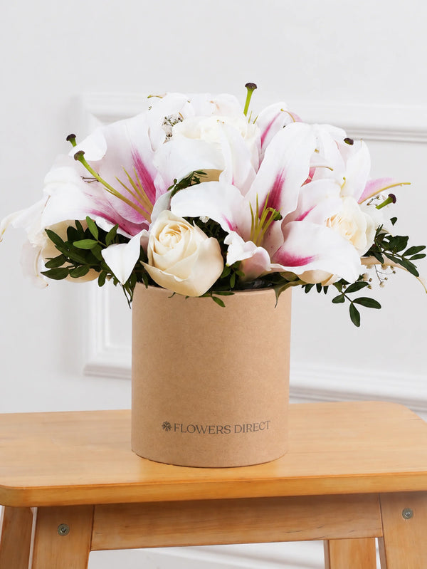 White Roses and Pink Lily - Hatbox