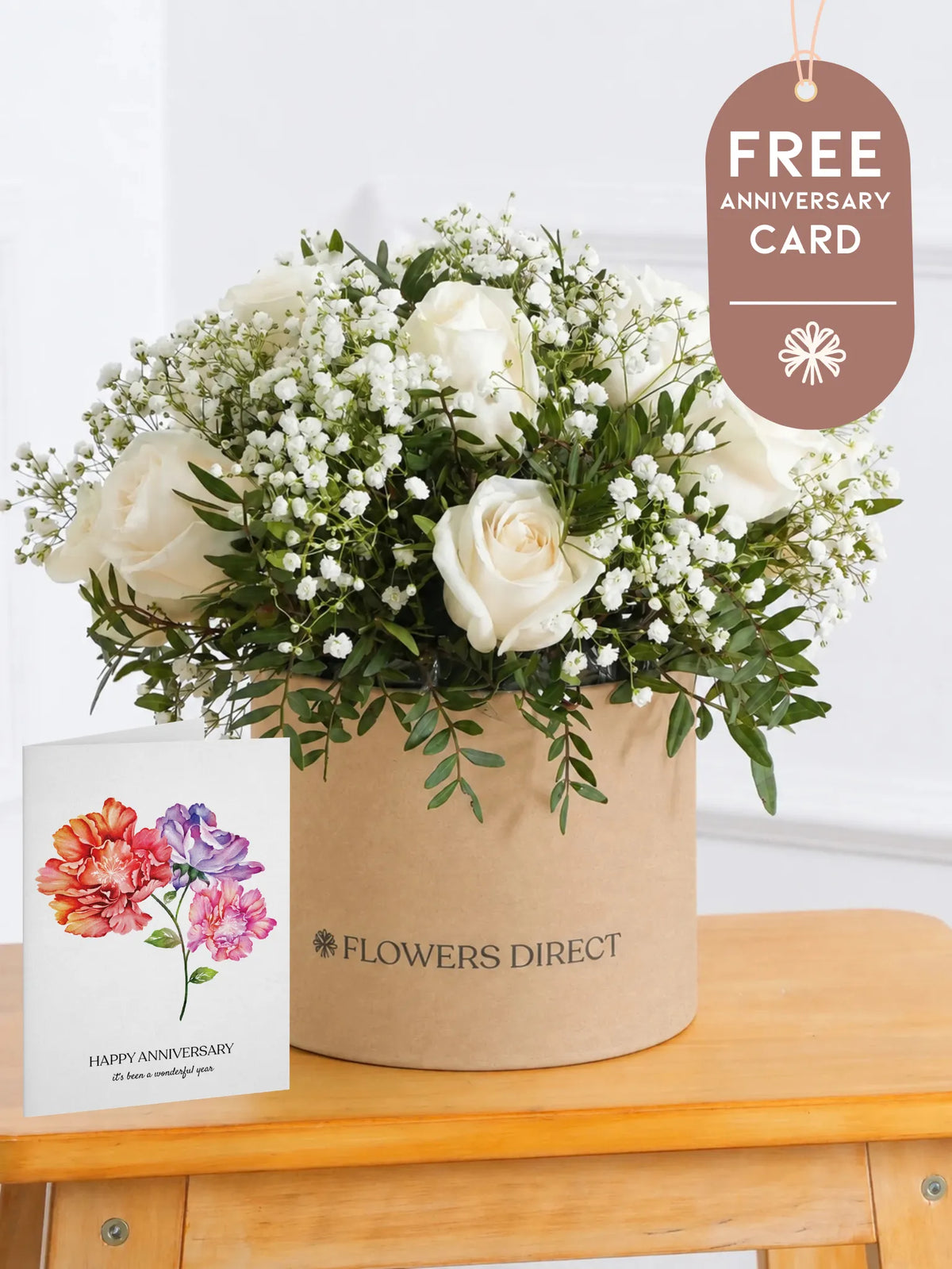 White Roses Hatbox with Free Happy Anniversary Card