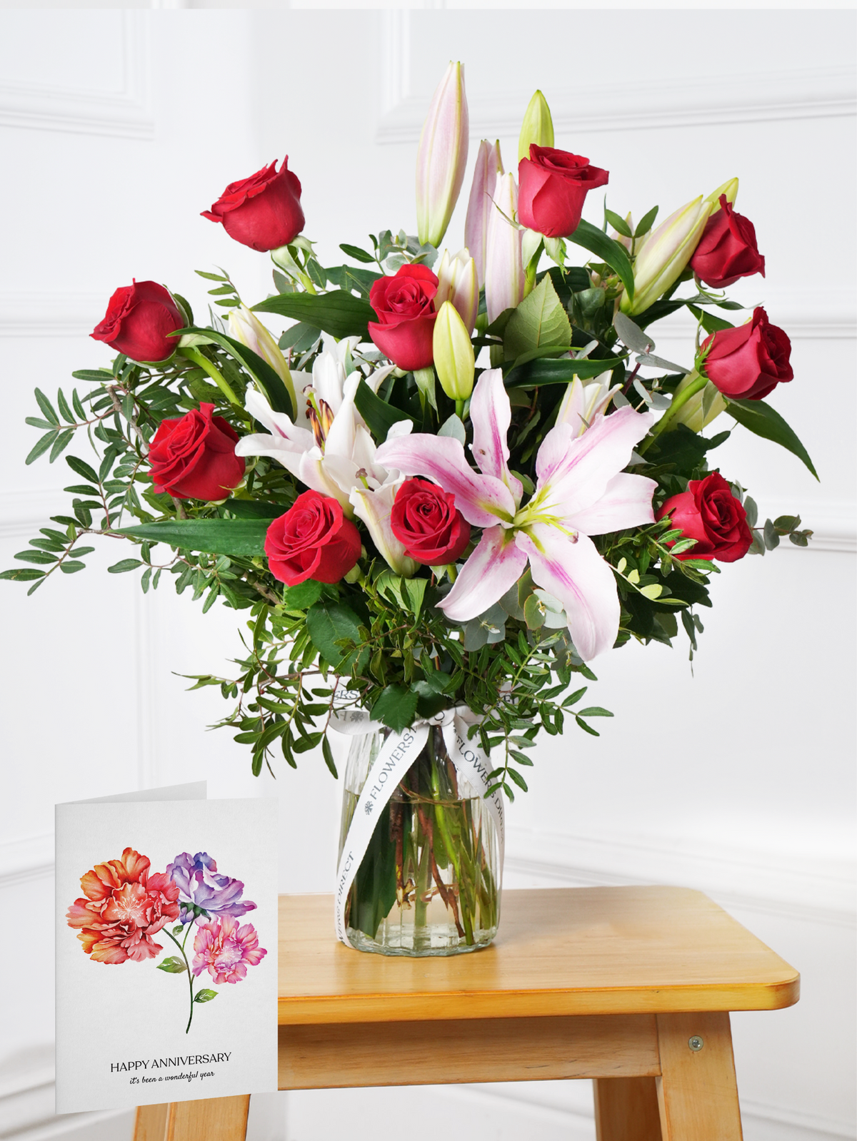 Anniversary Red Roses and Pink Lily - Vase with Anniversary Card