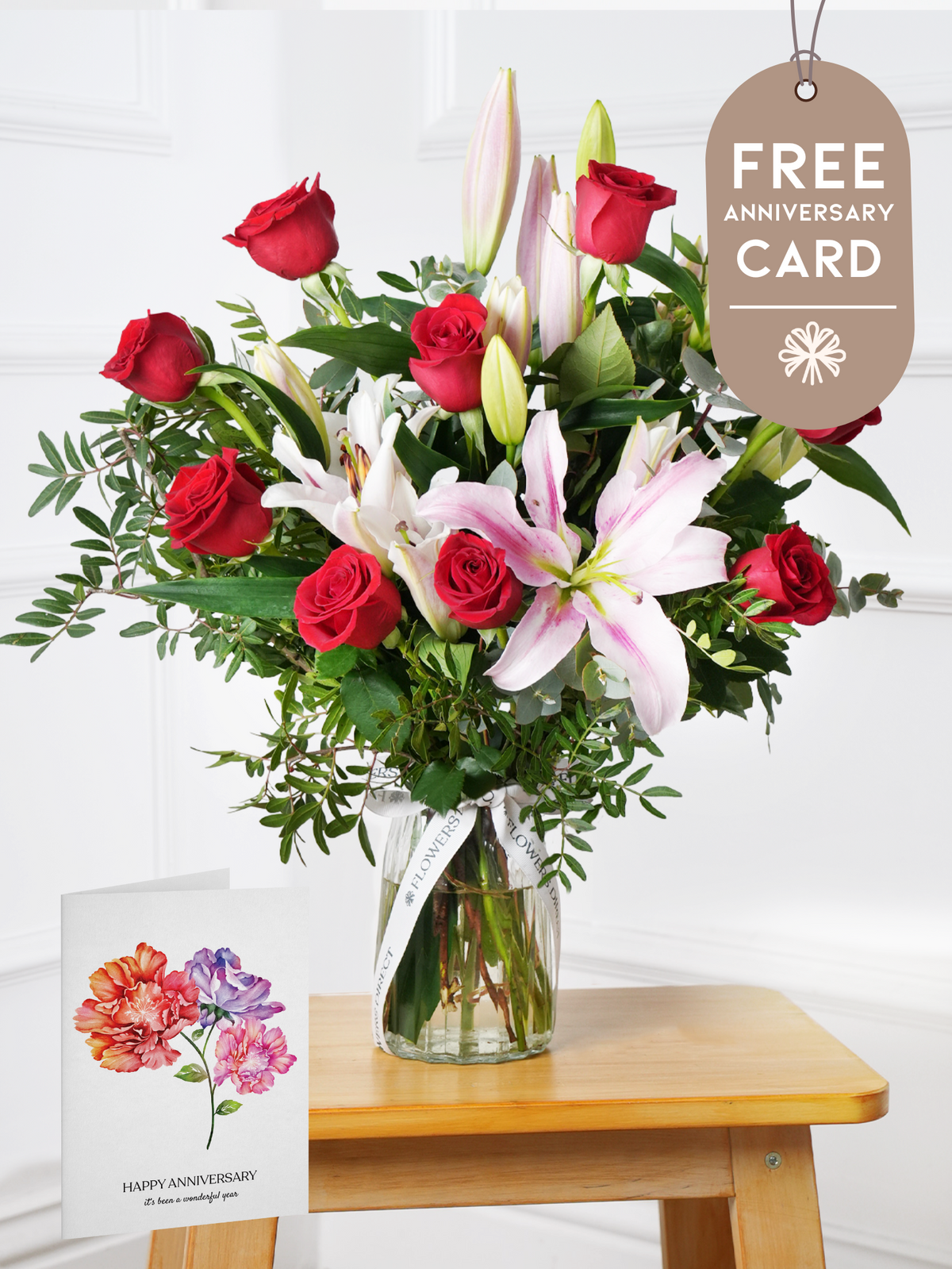 Anniversary Red Roses and Pink Lily - Vase with Anniversary Card