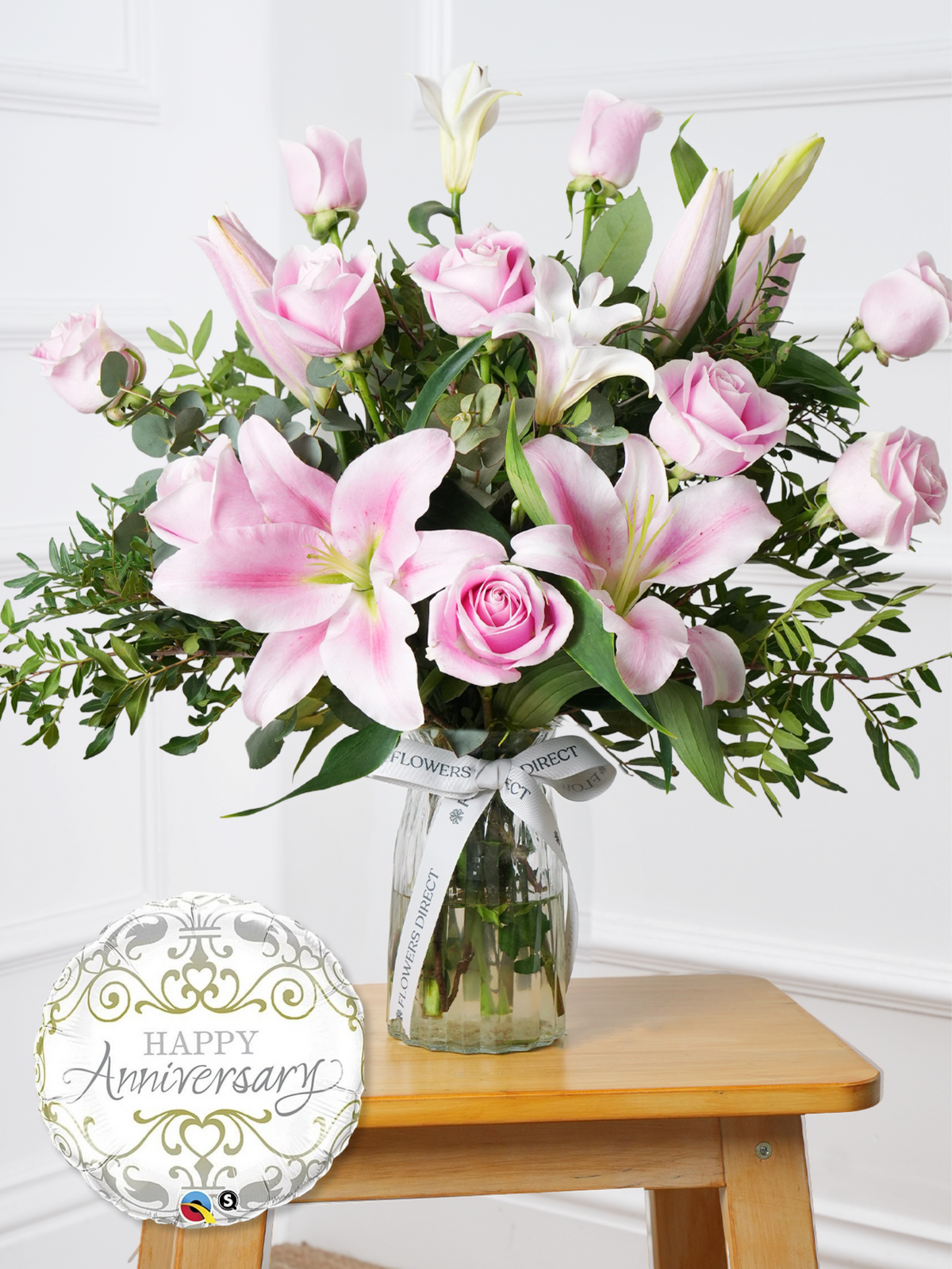Pink Roses and Pink Lily - Vase with Free Anniversary Balloon
