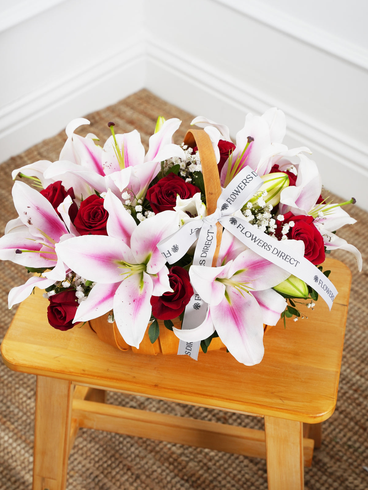Red Roses and Pink Lily Basket