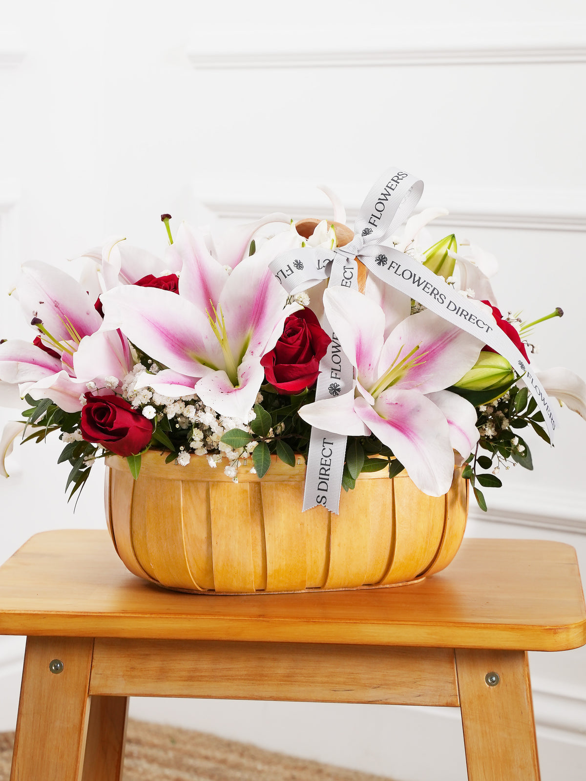 Red Roses and Pink Lily Basket