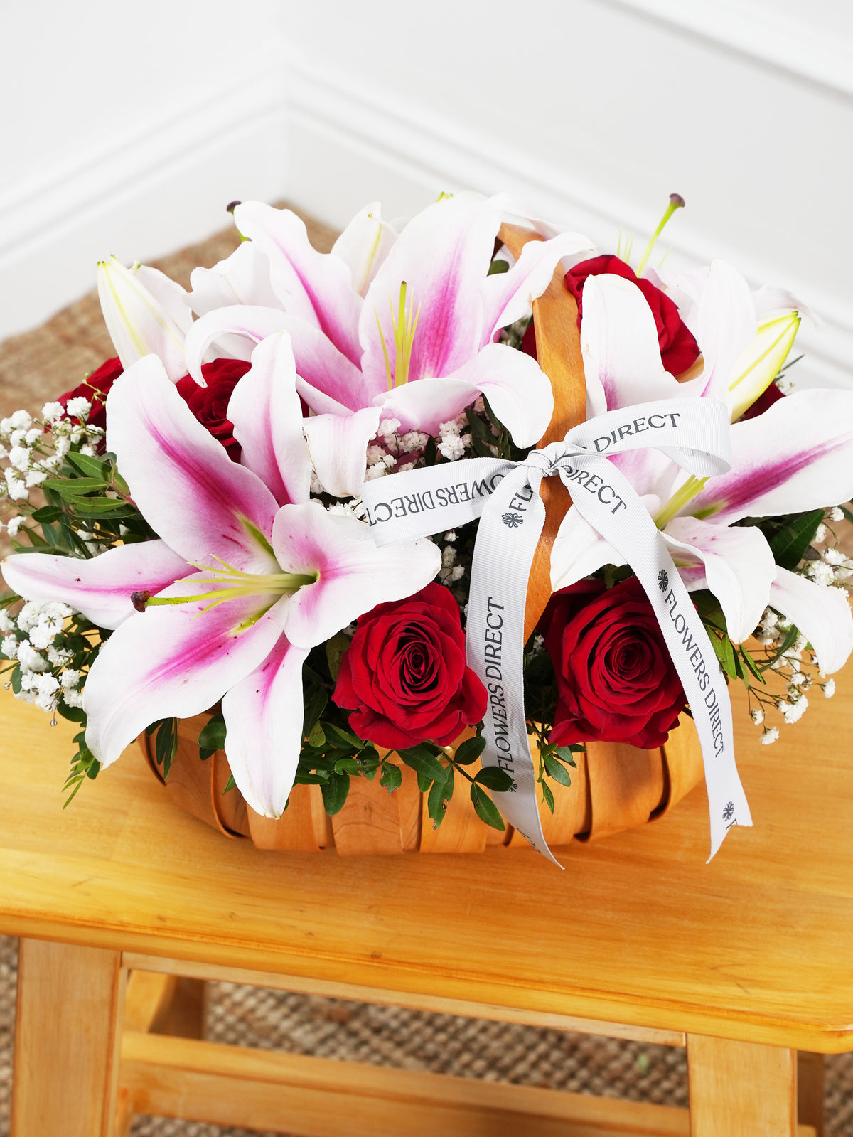 Red Roses and Pink Lily Basket
