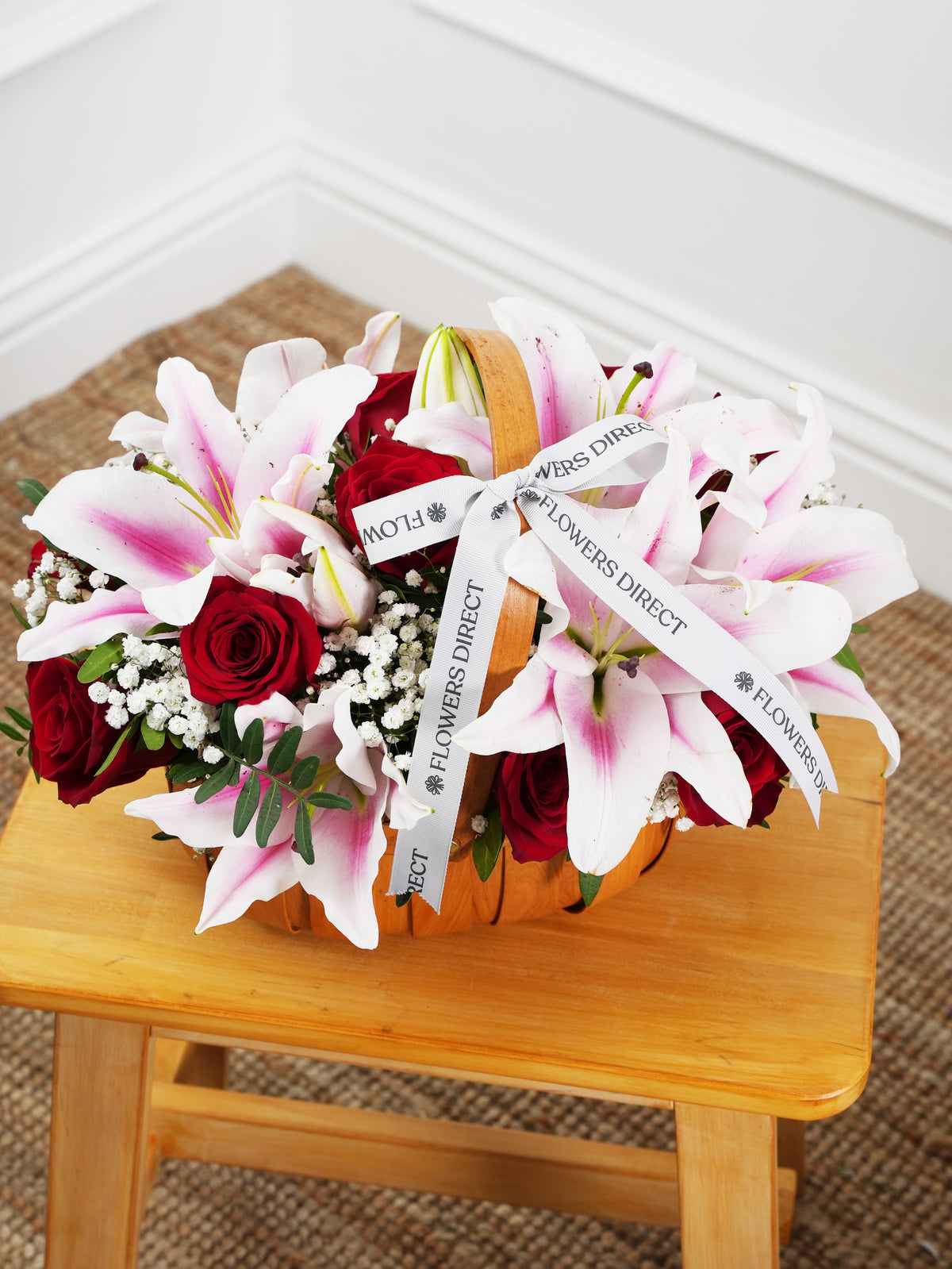 Red Roses and Pink Lily Basket