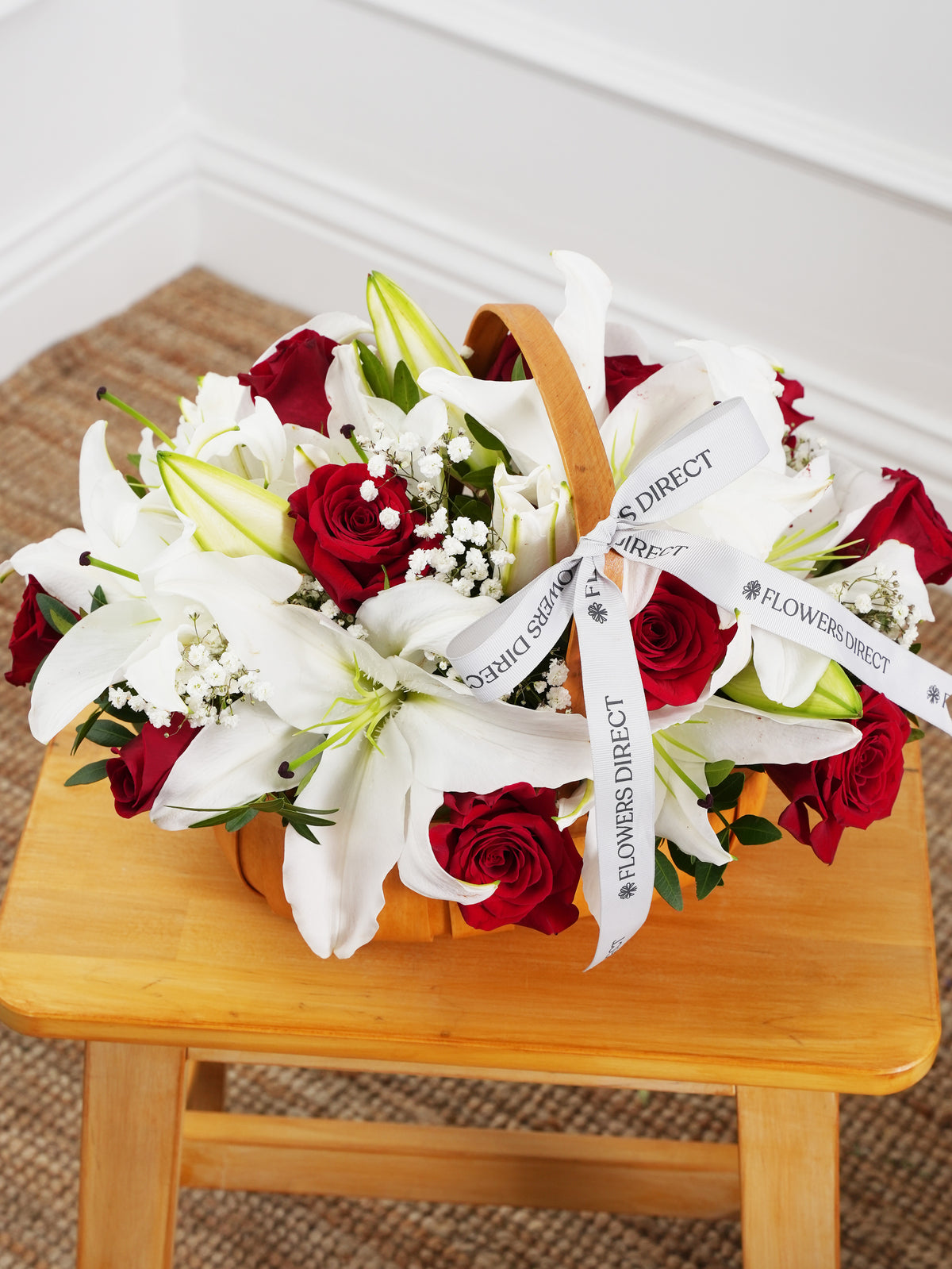 Red Roses and White Lily - Basket