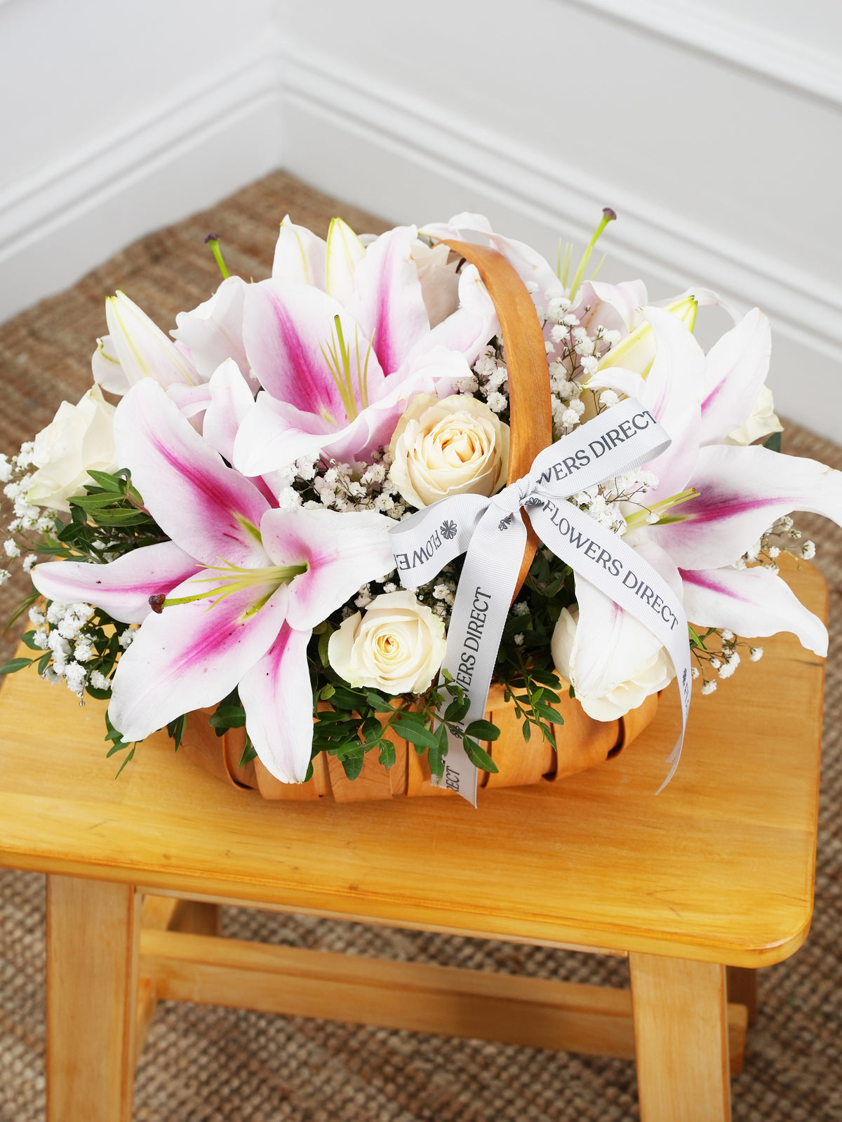 White Roses and Pink Lily - Basket