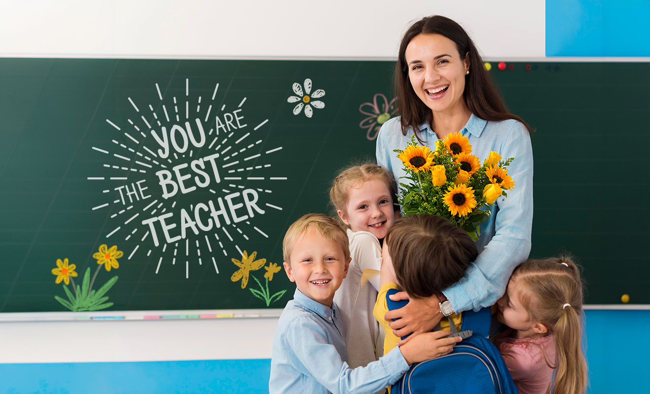 Teacher receiving sunflower bouquet from students in classroom with "You Are The Best Teacher" chalkboard