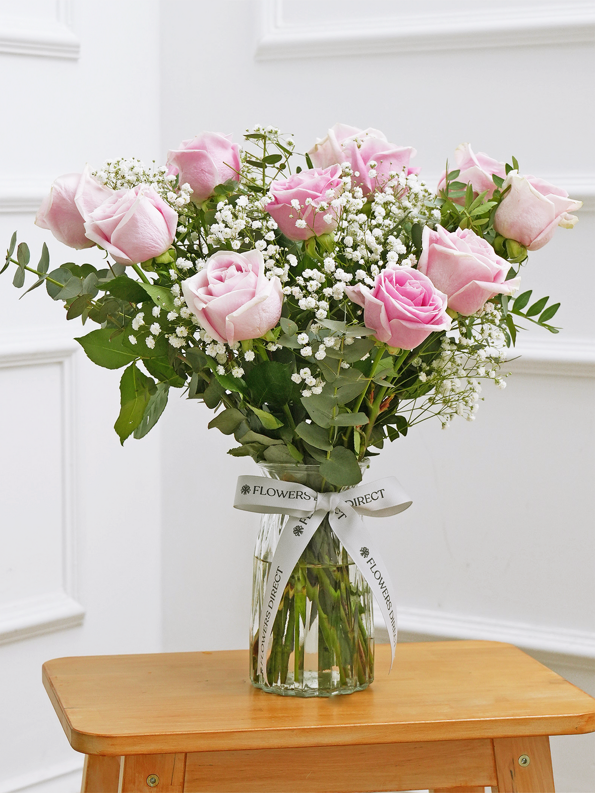 Valentine 12 Long Stem Pink Roses - Vase