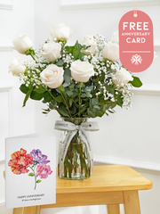 12 Long Stem White Roses - Vase with Free Happy Anniversary Card –  Elegance meets romance in the Valentine 12 Long Stem White Roses - Vase, featuring...