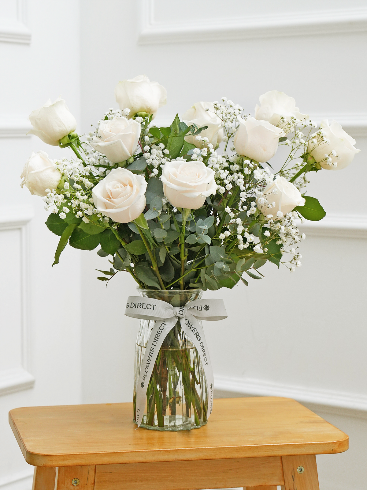 Sympathy 12 Long Stem White Roses - Vase